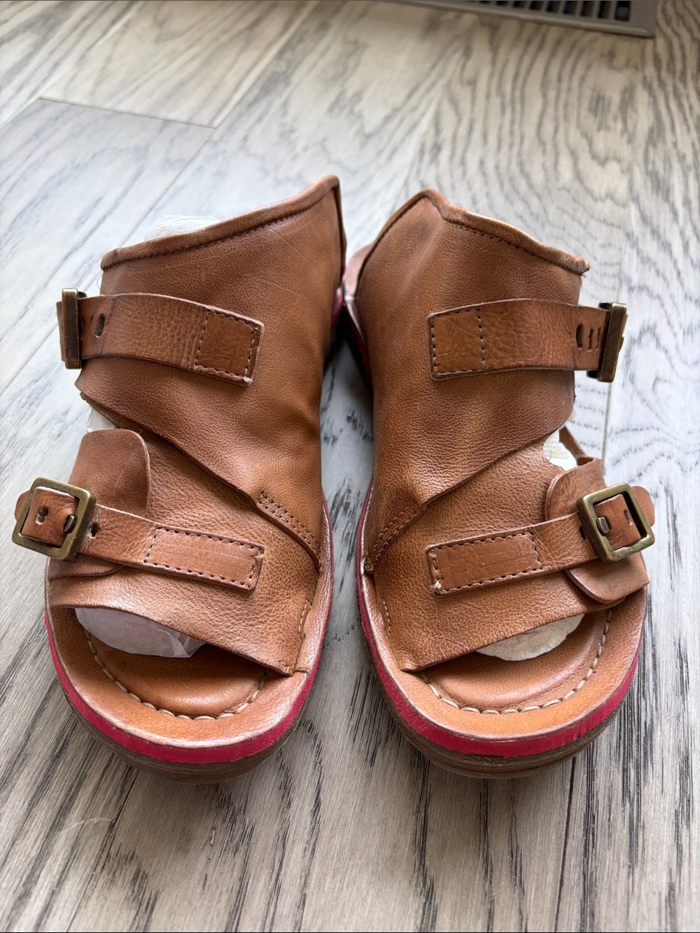 A.S. 98 Tan Leather Double Buckle Slide Sandals with Pink Sole Trim